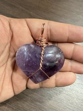 Amethyst Heart Shaped Crystal. Wire Wrapped Pendant.