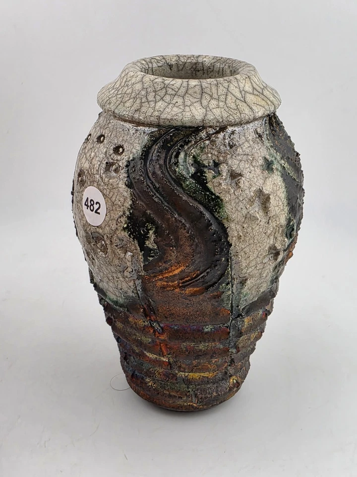 Rare Unique Bruce O'Dell Studio Art Pottery Raku Vase Iridescent Crackle Glaze - Image 4 of 4