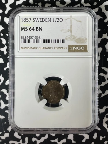 1857 Sweden 1/2 Ore NGC MS64BN Lot#G284 Choice UNC!