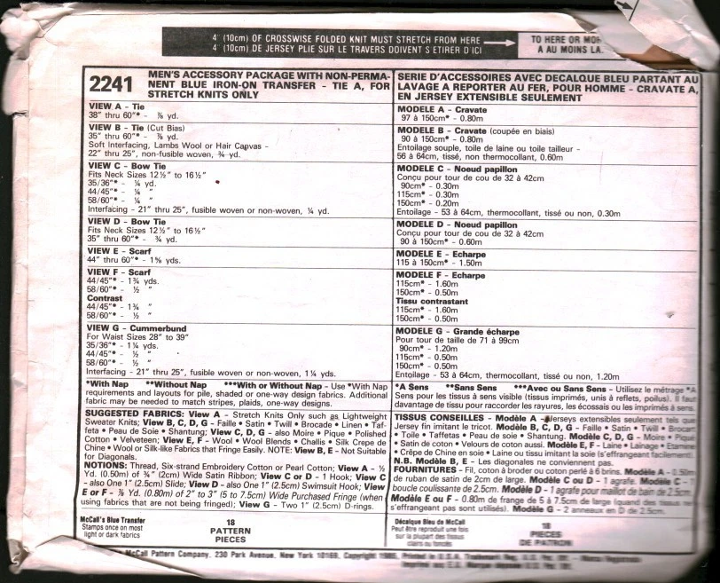 2241 Vintage McCalls SEWING Pattern Mens 1980s Accessory Package Tie Scarf OOP - Image 2 of 2