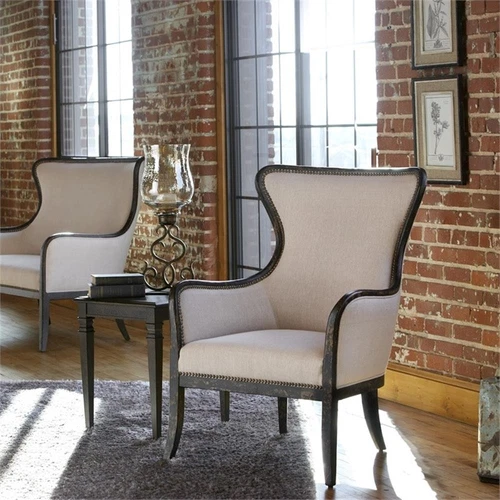 Uttermost Sandy Traditional Wood and Fabric Wingback Arm Chair in Beige - Picture 10 of 12