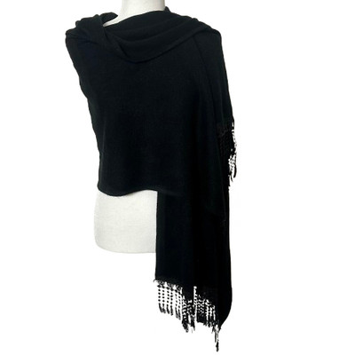Black Knit Shawl Women s Wrap Scarf Crochet Lace Fringe Tassel Trim Elegant Cozy
