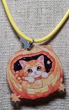 Orange Cat In Pumpkin Halloween 17-19" Necklace  Dangle Earrings Set TB75J