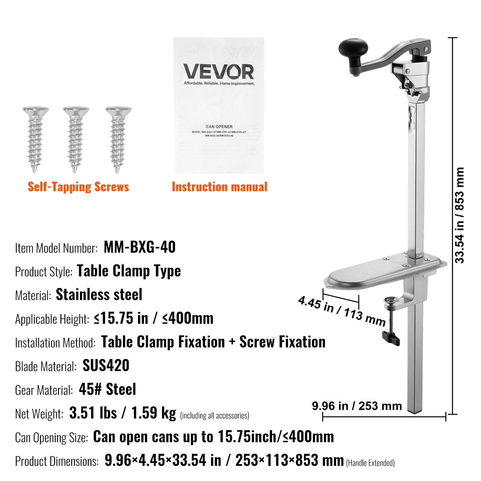 VEVOR Commercial Can Opener Heavy Duty Manual 15.75 in Can Opener Table Clamp