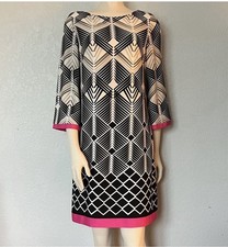 Eliza J Size 6 Bold Print Sheath Dress Gold Zip Back Chic Office Cocktail