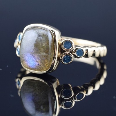 GJ69 * LABRADORIT OVAL,2,5ct & 6 BLAUE BRILLANTEN EDELSTEIN RING (17/54) 925 SIL