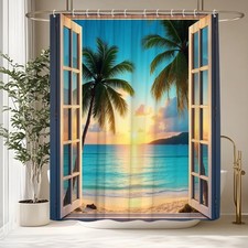 Summer Beach Scene Shower Curtain Tropical Ocean Palm Trees Window View Sunri...