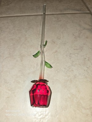 Handmade Blown Art Glass Rose Bud Flower Red Leaf Long Stem 