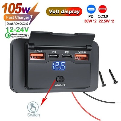 USB C Steckdose 12V/24V Dual PD USB QC 3.0 KFZ Ladegerät Dose für Auto Boot LKW