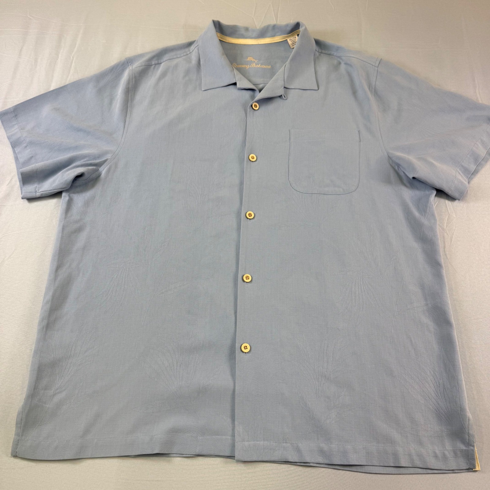 Tommy Bahama Mens XL Silk Jacquard Palm Leaf Camp Shirt Light Blue Short Sleeve