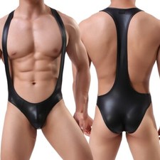 Men's Wrestling Singlet Jumpsuits Faux Leather Leotard U Convex Pouch Bodysuit
