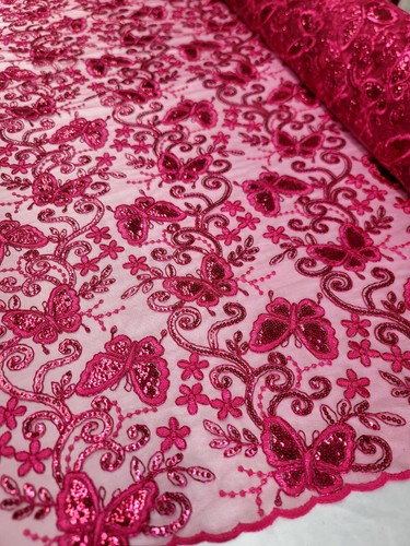 Fuchsia Spitzenstoff mit Schmetterlingen Pailletten Netzstoff Meterware Abschlussball - Bild 5 von 16