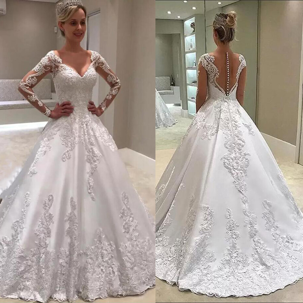 Satin Elegant Wedding Dresses Long Sleeves Lace Appliques V Neck Bridal Gowns