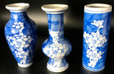 Set of 3 Mini Ceramic Vases 4 in Hand Painted Blue With Cherry Blossoms Asian