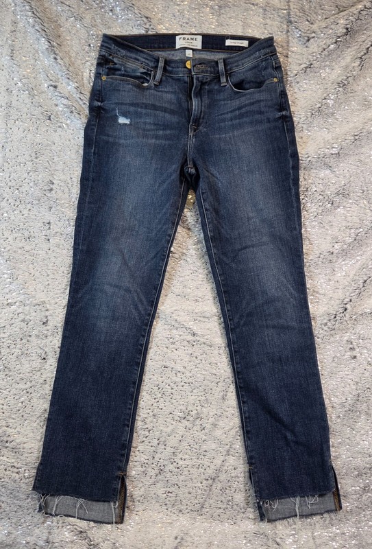 Frame Le High Straight Jeans Womens Size 27 Blue Denim Stretch Cut Out Step Hem