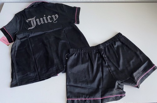 Juicy Couture Pj Set Women’s Sz L Rhinestones Studded Logo In Back Satin Black - Picture 2 of 13
