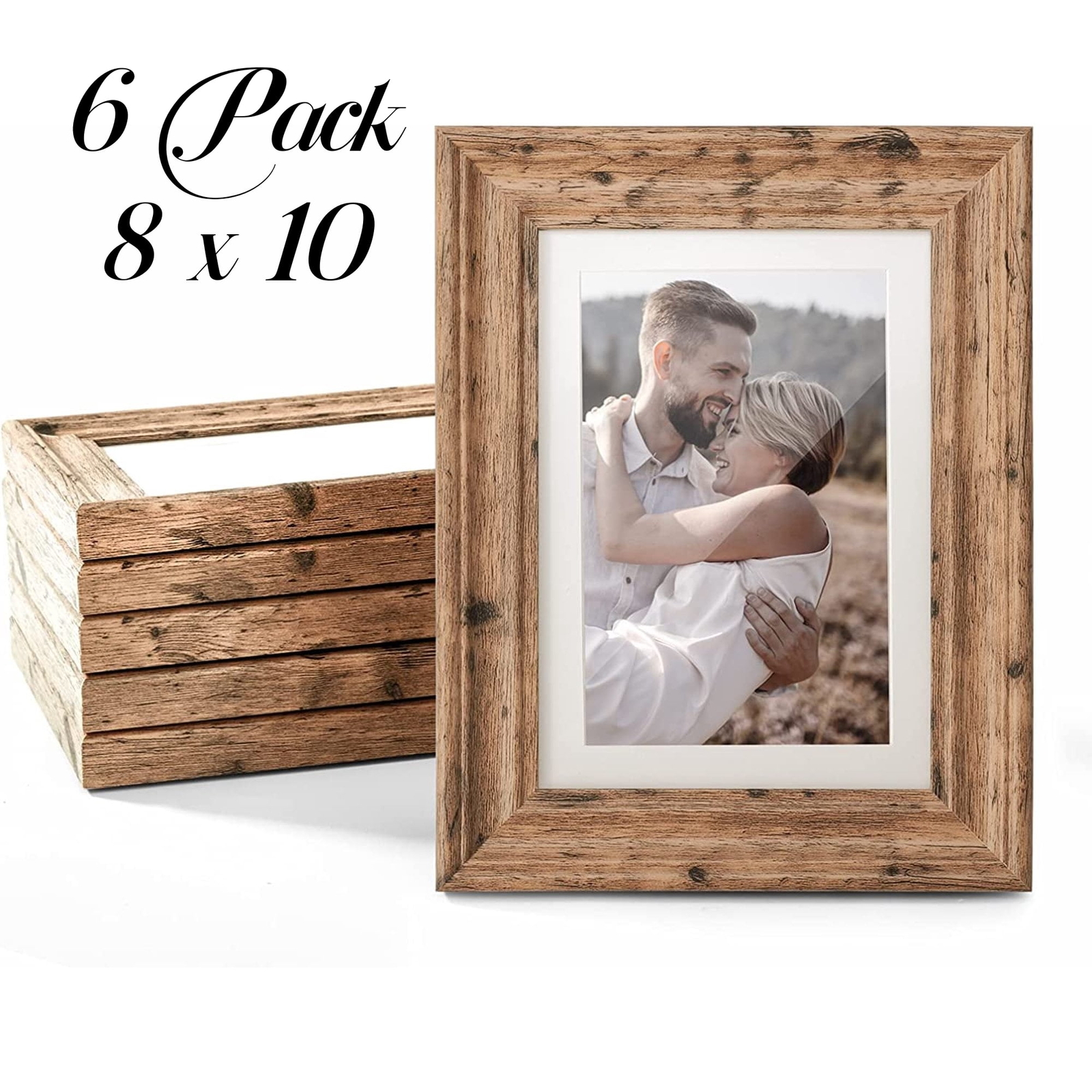 8x10 Picture Frames Set of 6 Walnut Pre-Installed Wall Mount Display Photo Frame-image