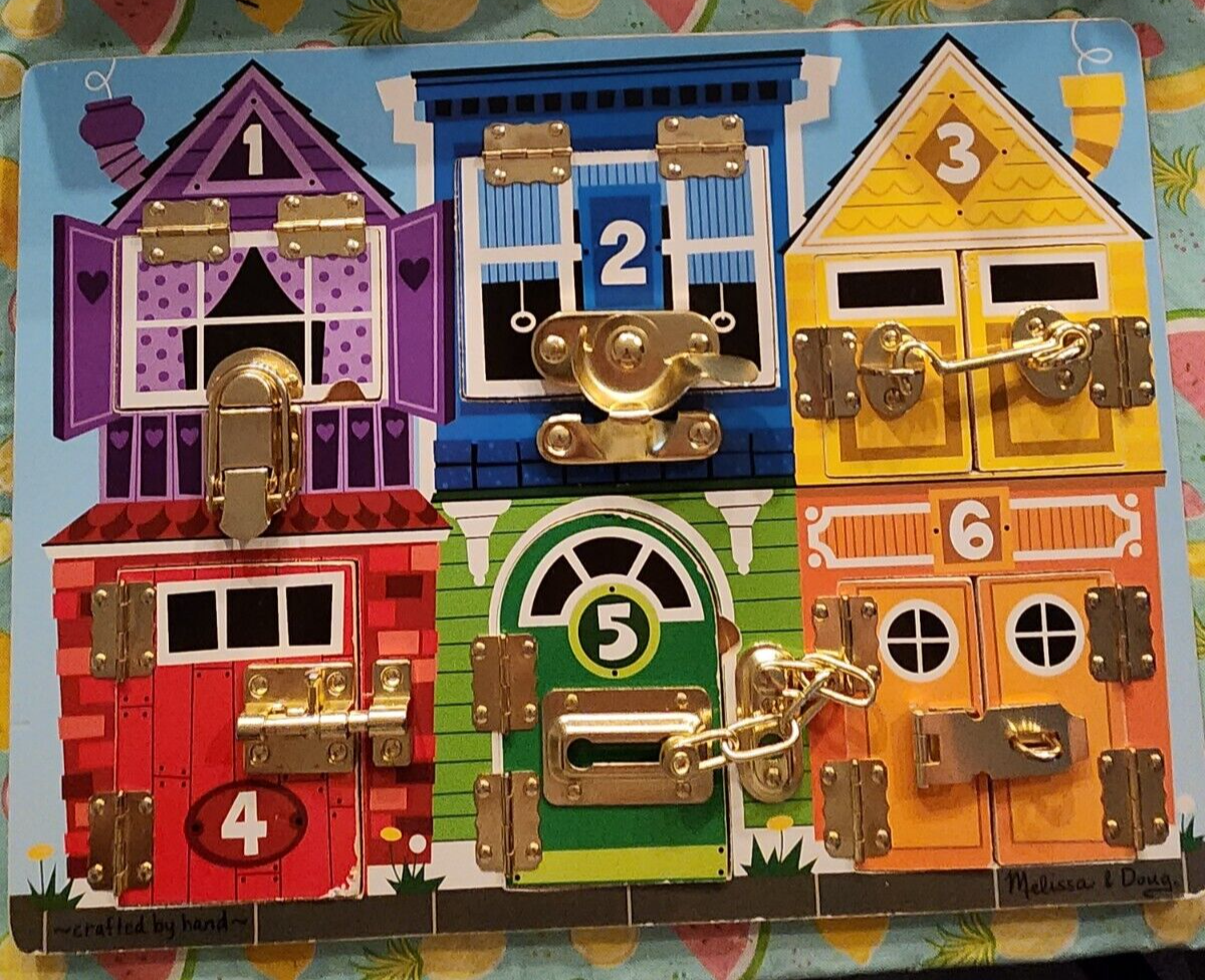 Melissa & Doug Latches Board Wooden Activity Numbered Doors Locks
