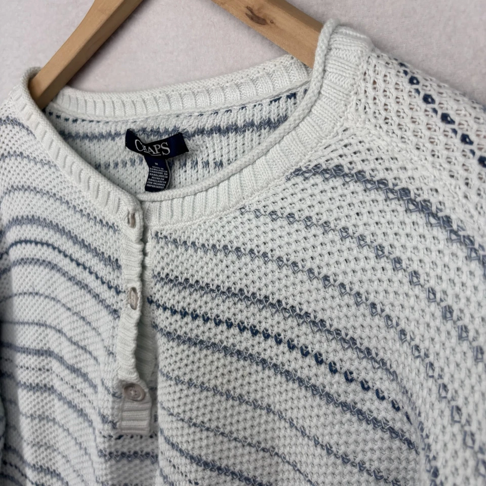 Suéter CHAPS Mujer M Algodón Lino Henley Rayas Jersey Manga Larga Blanco Azul Foto 2 de 4