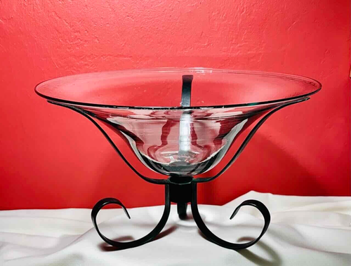 Glass Bowl Centerpiece Hand Blown 12 in.  Decorative Green Black Metal Stand - Picture 2 of 10