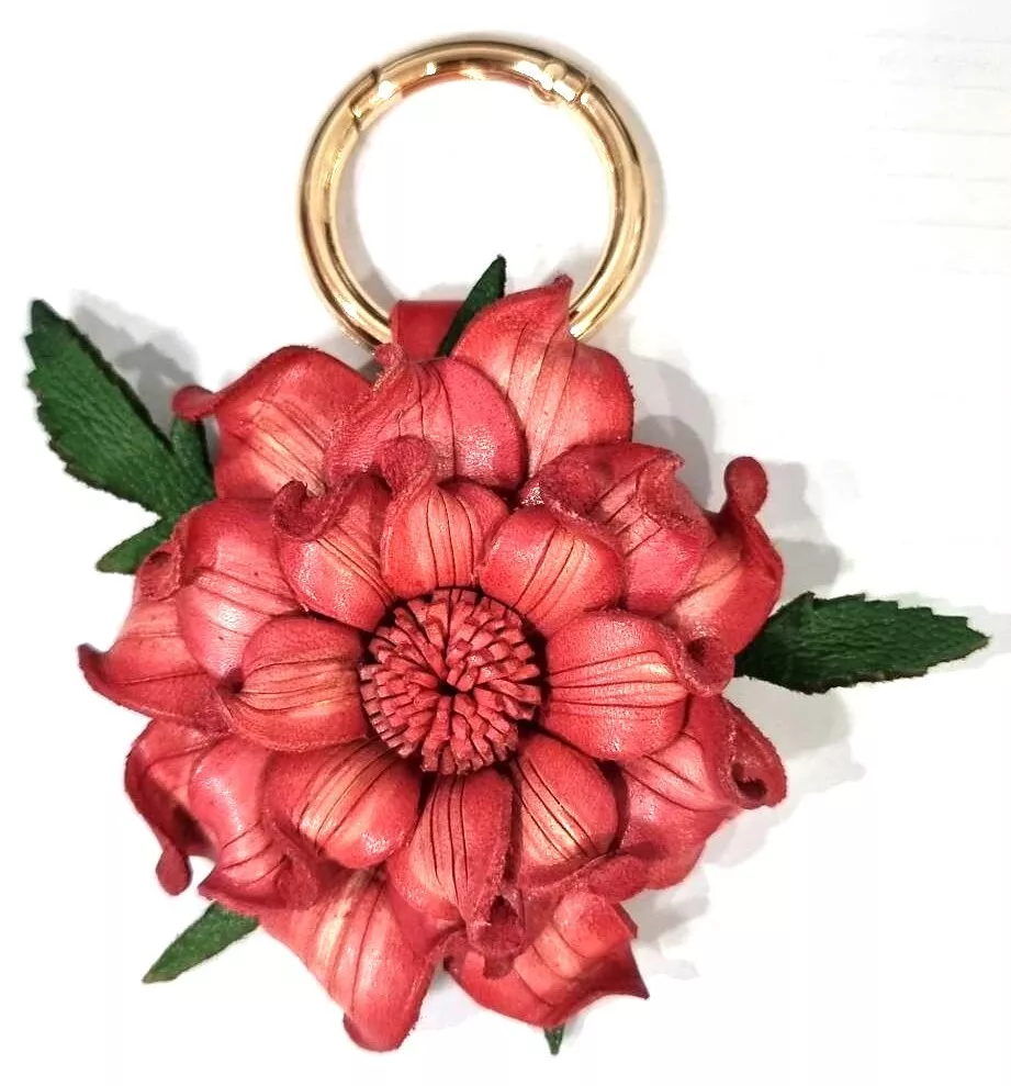 Old Rose Pink Flower Keychain Genuine Leather Handbag Purse Charm Spring  Ring