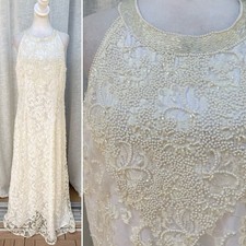 SCALA vintage white lace pearls beads maxi dress gown wedding dress
