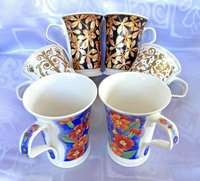 Dunoon Fine Bone China, Set of 6 Mugs:  Gold Leaf, Midas, Ashbourne.   England