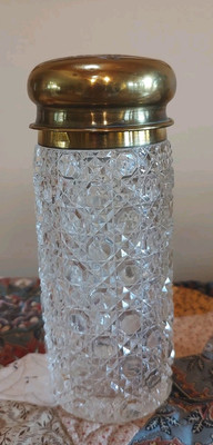 Antique Muffineer Cut Glass Sugar Shaker  Clear Cane Pattern Brass Top