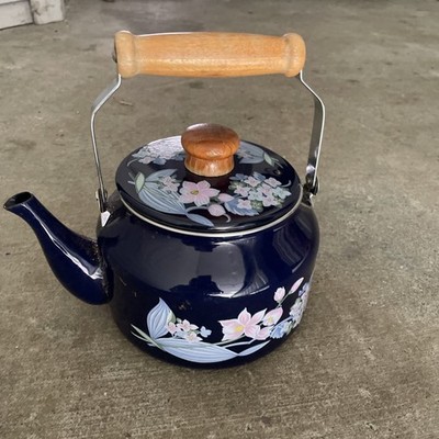 Vintage 1981 Sakura cobalt navy blue porcelain enamel tea kettle
