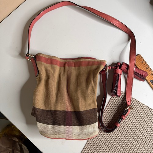 Burberry Ashby Crossbody Bag House Check Canvas Pink Leather Tassel Small
