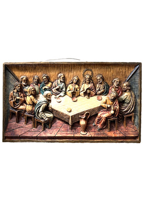 Vintage 3D Last Supper Scene, Faux Wood Resin, Hand Colored, 12.75''x7''