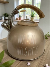 Rae Dunn “ Warm Wishes” Stainless Steel Stovetop Whistling Kettle Light Tan NWOT