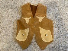Vintage Kids Brown Suede Leather Western Cowboy Vest Longhorn Bull Patches Tan