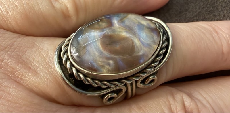 Vintage Artisan Southwestern Mexican Silver Iridescent Abalone Adjustable Ring