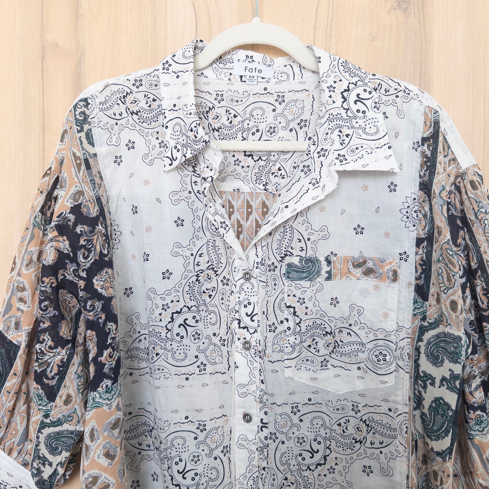 Fate Womens Patchwork Button Down Shirt Size M Wh… - image 2