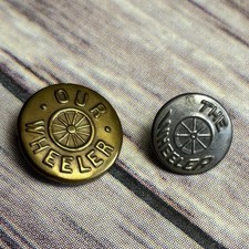 2 Antique Railroad Uniform Buttons “The Wheeler” & “Our Wheeler” Embossed Metal