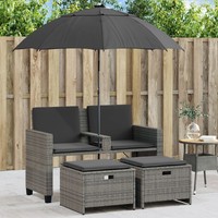 Gartensofa 2-Sitzer Sonnenschirm Und Hocker Grau Poly Rattan