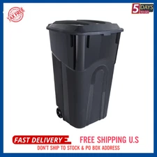 Hyper Tough 32 Gallon Wheeled Heavy Duty Plastic Garbage Can, Attached Lid, Blac