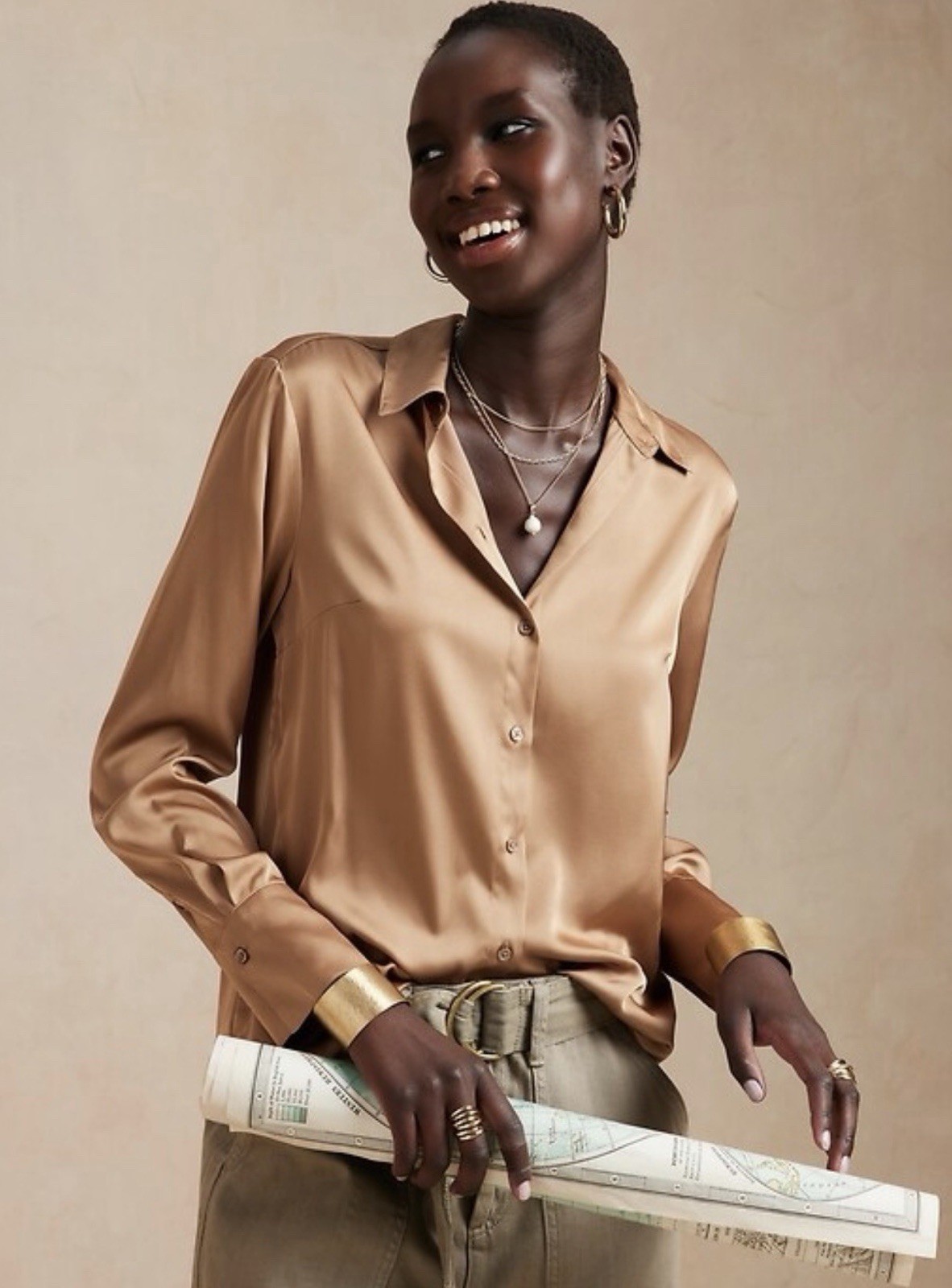 Banana Republic Factory Silky Satin Classic Fit Button Down Shirt Women Sz S NWT