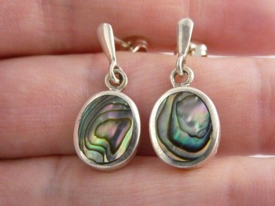 Sterling Silber Abalone Muschel flach Cab baumelnde Ohrstecker 4,5 g 23 mm Länge