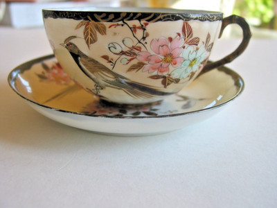 Asian Style Egg Shell Porcelain Tea Cup and Saucer Set Golden Pheasant & Flowers