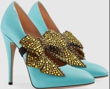 Gucci aquamarine crystal removable bow Elaisa high heels pumps size 38 8 US 5UK