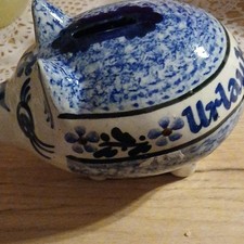 Keramik Sparb&uuml;chse Schwein blau-wei&szlig; Blumenmuster gl&auml;nzend 20x20x25cm