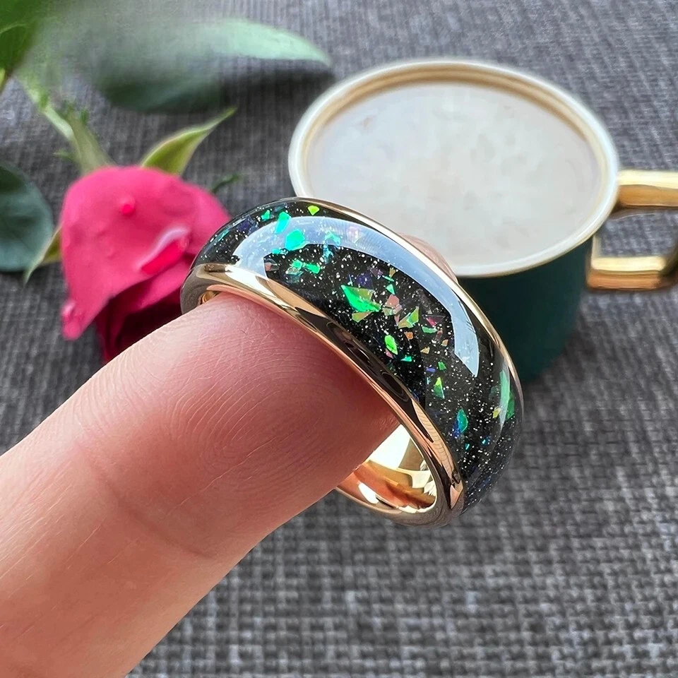 Anillo de carburo de tungsteno de 8 mm para hombres y mujeres colorido anillo con incrustación de fragmento de ópalo Foto 2 de 4