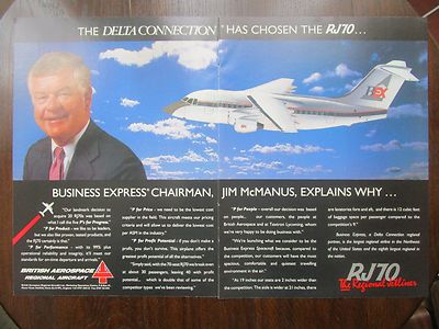 3/1992 PUB BRITISH AEROSPACE RJ70 REGIONAL JETLINER BUSINESS EXPRESS MCMANUS AD