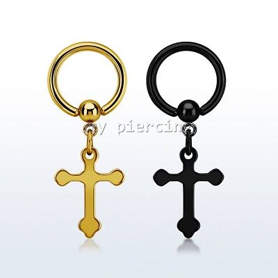 1/2" PVD Plated Steel a Dangling Cross Captive Bead Ring Earring 1pc 14G 5/16" 