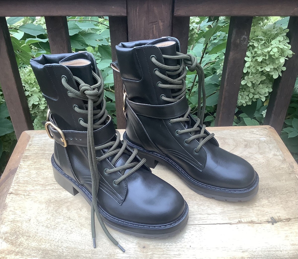 NEW! $1,195 CHLOE DIANE BUCKLE COMBAT BLACK LEATHER BOOTS, SIZE