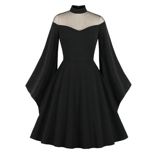 Women's Mesh Bell Sleeves Halloween Gothic Vintage Dress Long Sleeve Swing Dress - Picture 19 of 28