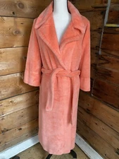 Vintage Sears At Home Wear Fuzzy Plush Robe Coral Retro 70s Pockets Belted
