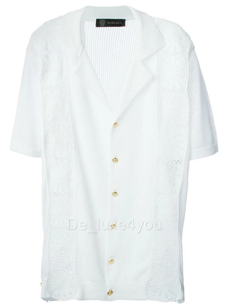 Cardigan Nuovo Versace Uomo Bianco Cotone Macramè Camicia Italiano 54 US 44